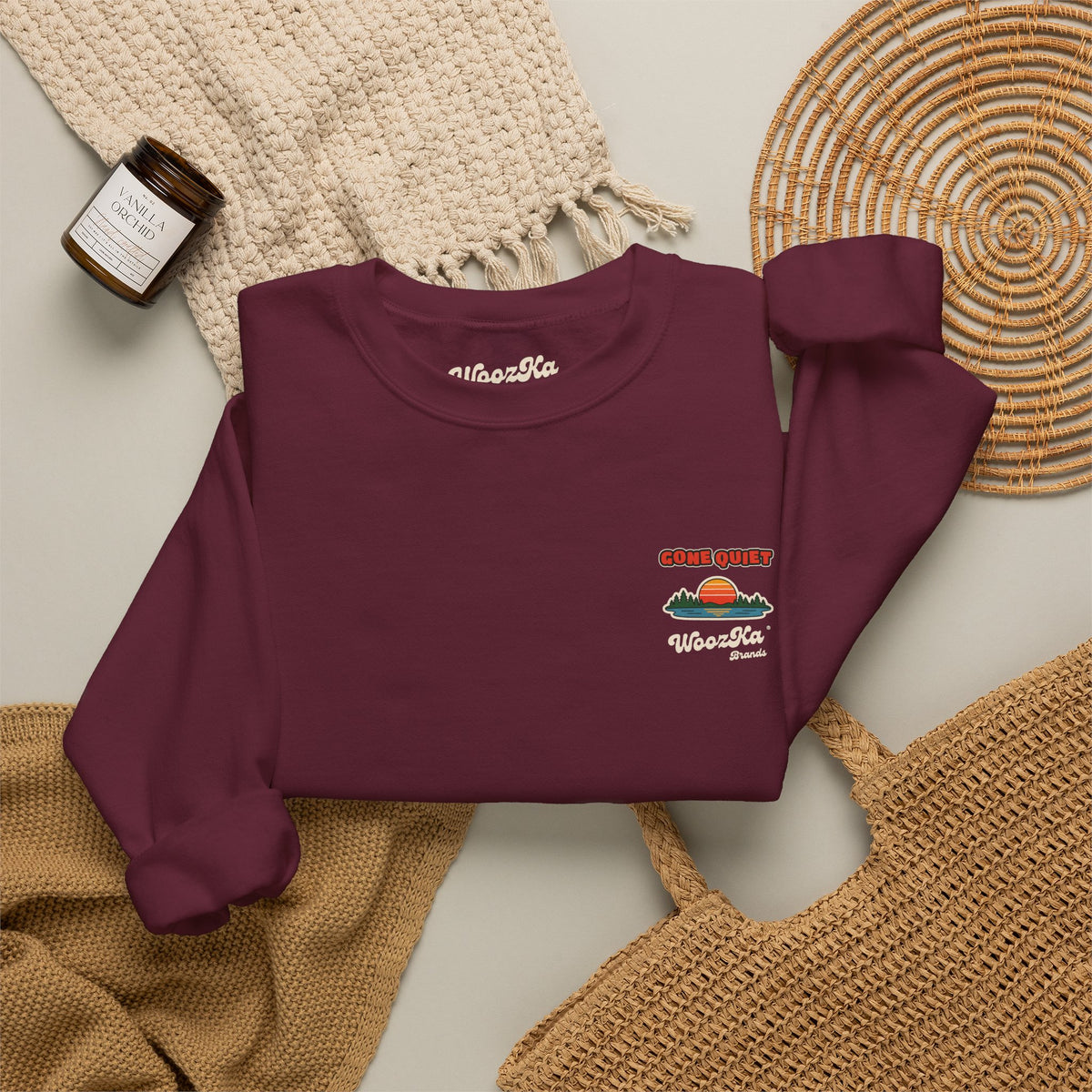 WoozKa Brands Retro Sunset Lake Sweatshirt, Nature Outdoors Pine Back Print