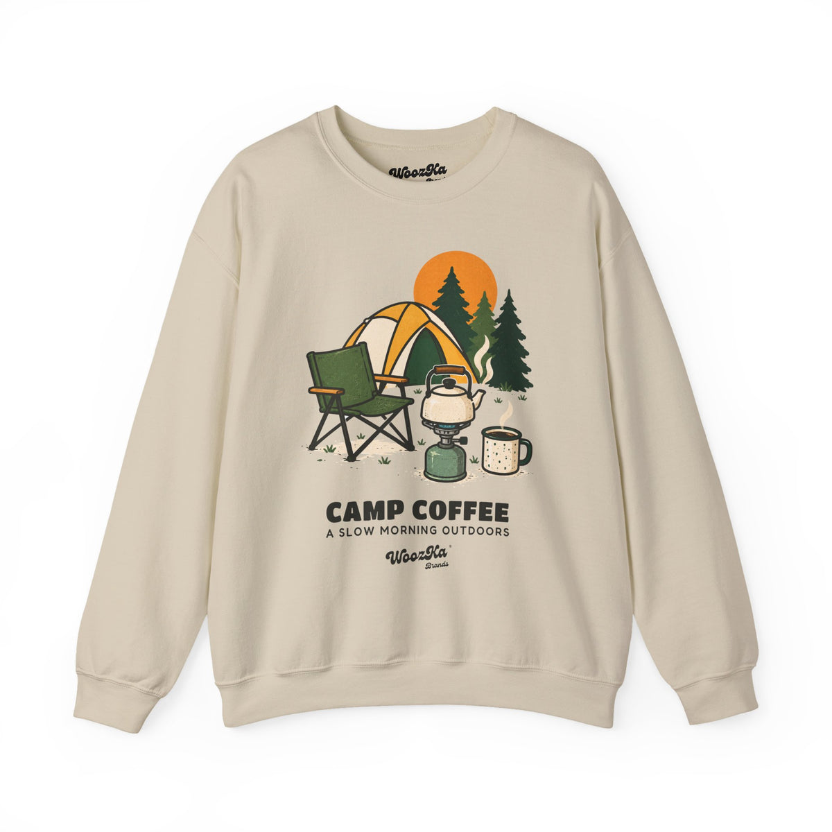 WoozKa Brands Camp Coffee Camping Crewneck Sweatshirt, Front Graphic