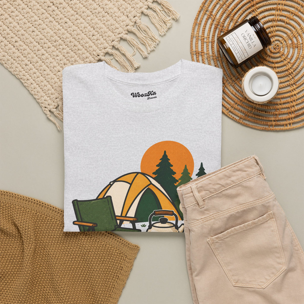 WoozKa Brands Camp Coffee Camping Heavy Cotton T-Shirt, Front Graphic