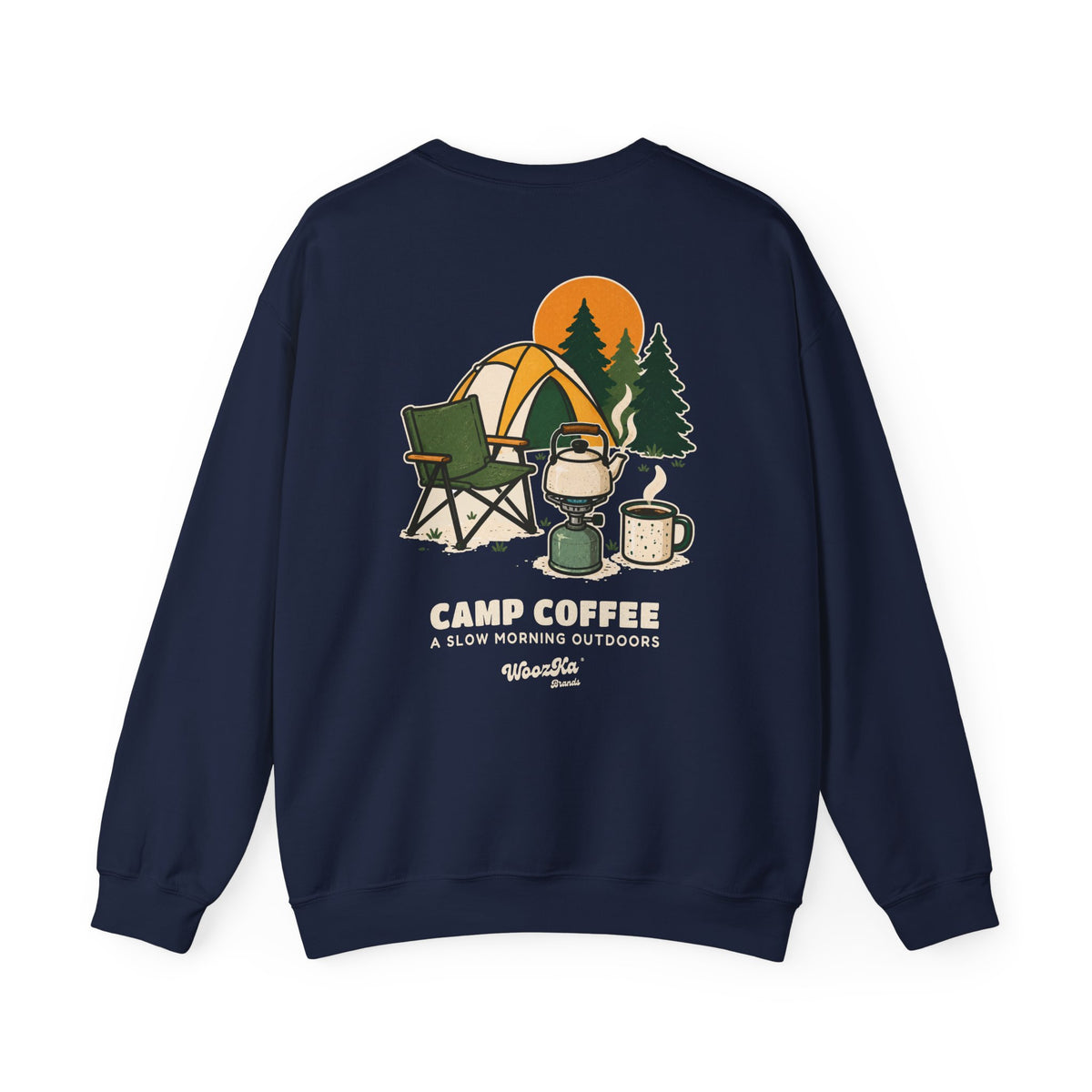 WoozKa Brands Camp Coffee Camping Crewneck Sweatshirt, Two-Sided Graphic