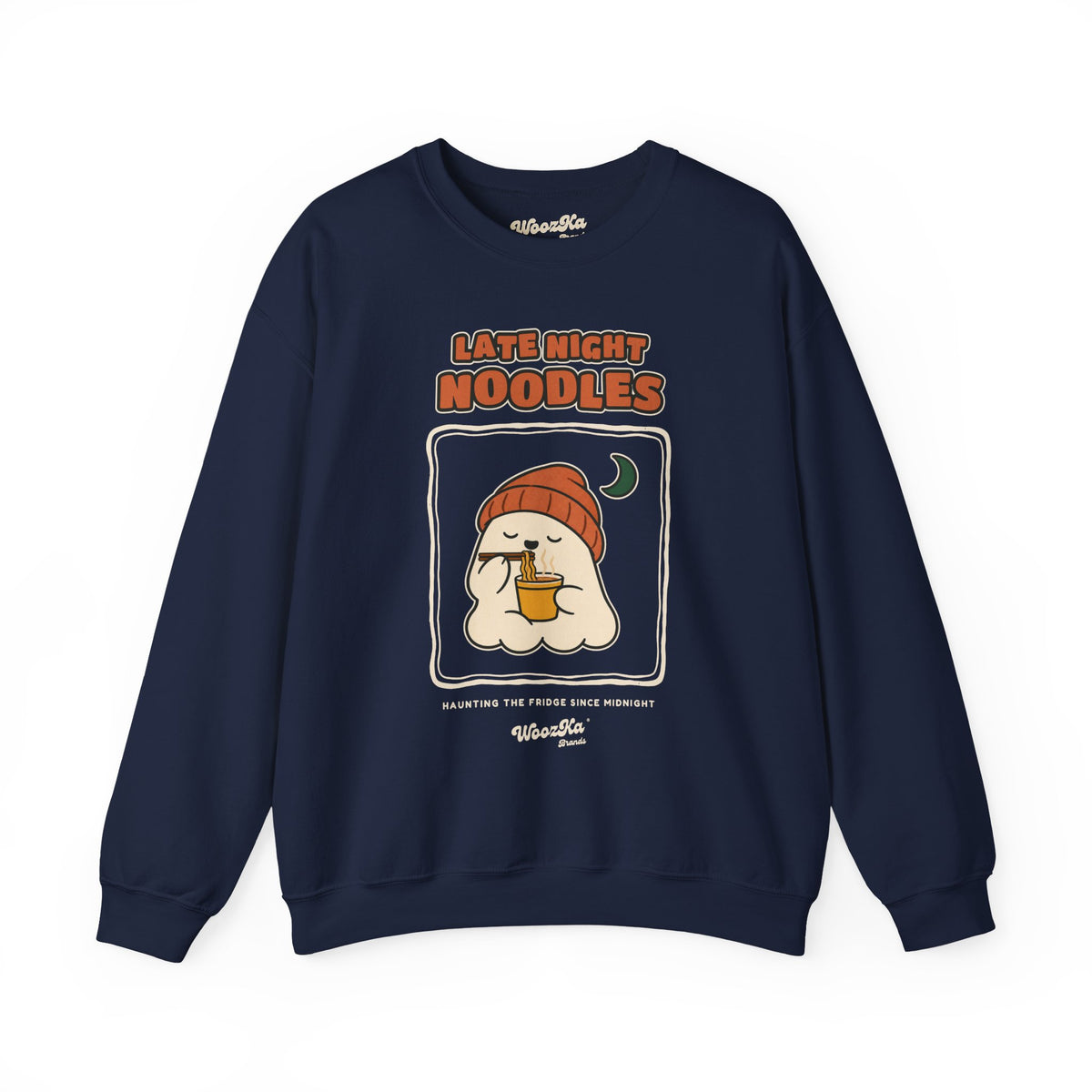 WoozKa Brands Late Night Noodles Ghost Crewneck Sweatshirt, Front Graphic