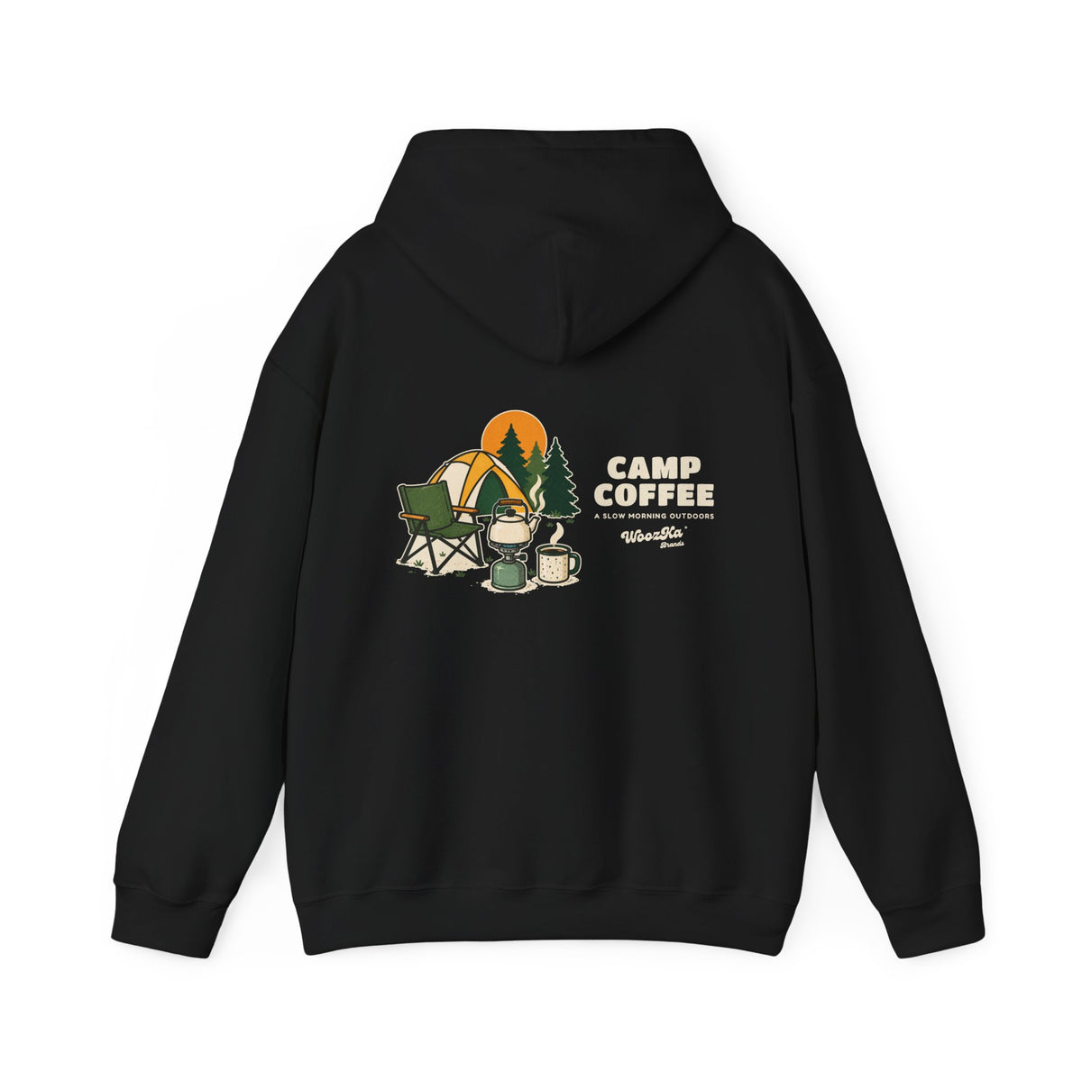 WoozKa Brands Camp Coffee Camping Hoodie, Wide Back Graphic