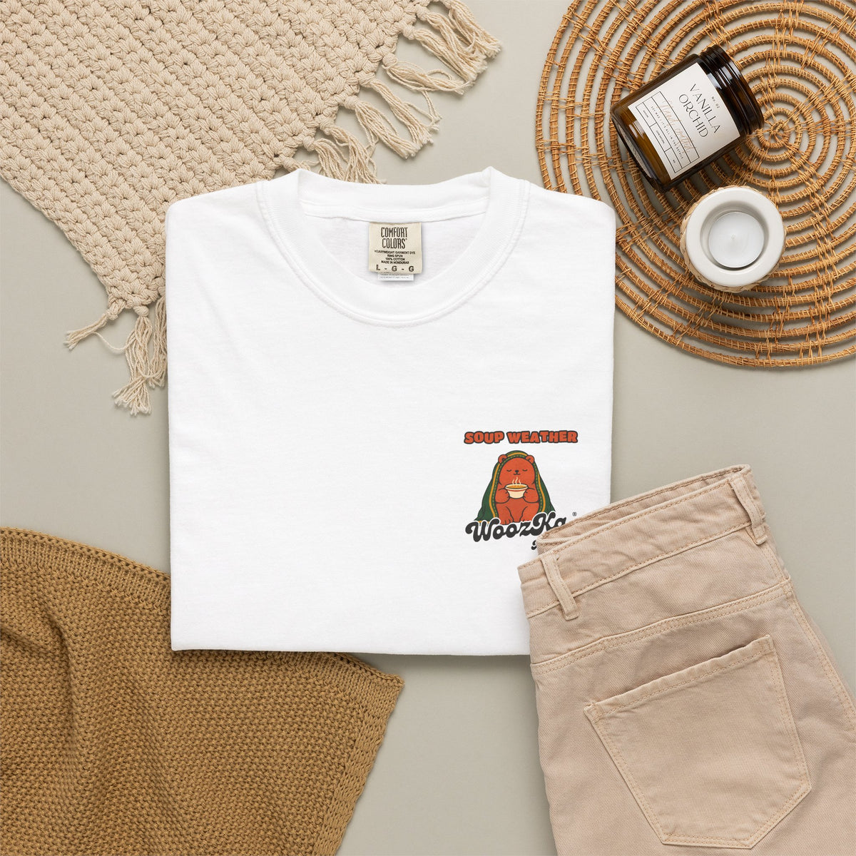 WoozKa Brands Soup Weather Bear Garment-Dyed T-Shirt, Two-Sided Graphic