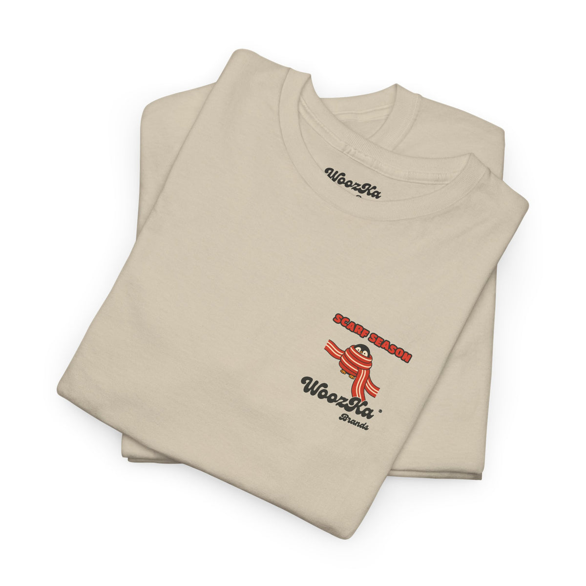 WoozKa Brands Scarf Season Penguin Heavy Cotton T-Shirt, Two-Sided Graphic