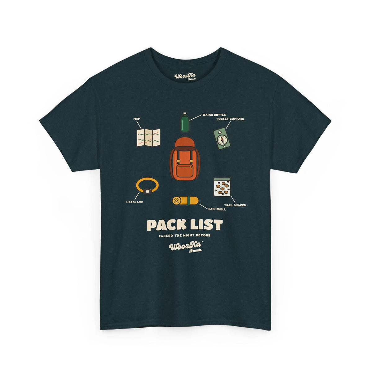 WoozKa Brands Hiking T-Shirt, Backpacking Gear List Front Print