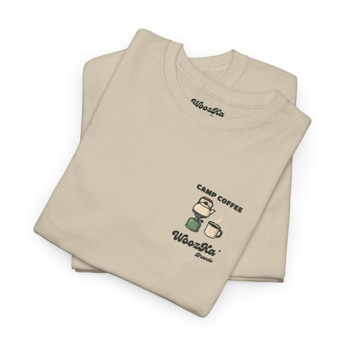 WoozKa Brands Camp Coffee Camping Heavy Cotton T-Shirt, Two-Sided Graphic
