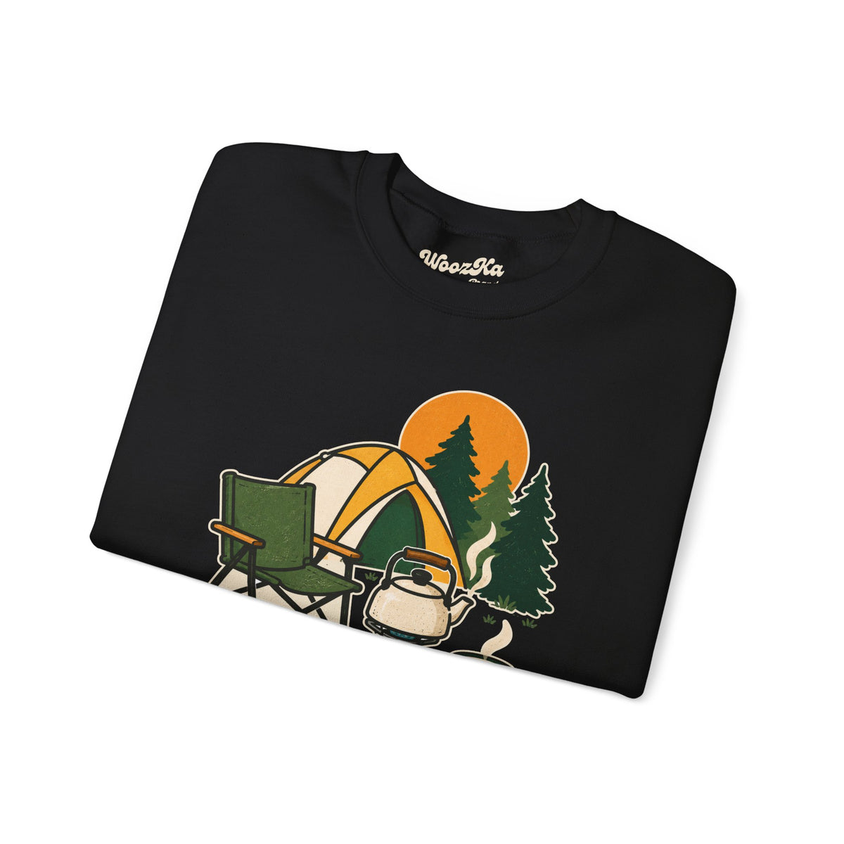 WoozKa Brands Camp Coffee Camping Crewneck Sweatshirt, Front Graphic