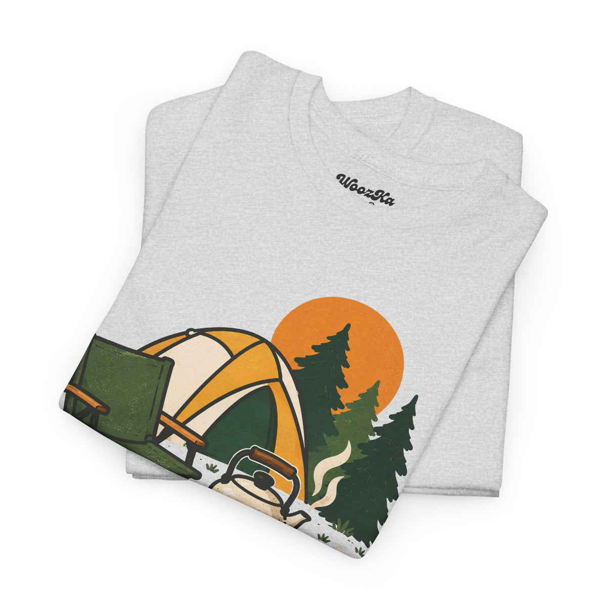 WoozKa Brands Camp Coffee Camping Heavy Cotton T-Shirt, Front Graphic