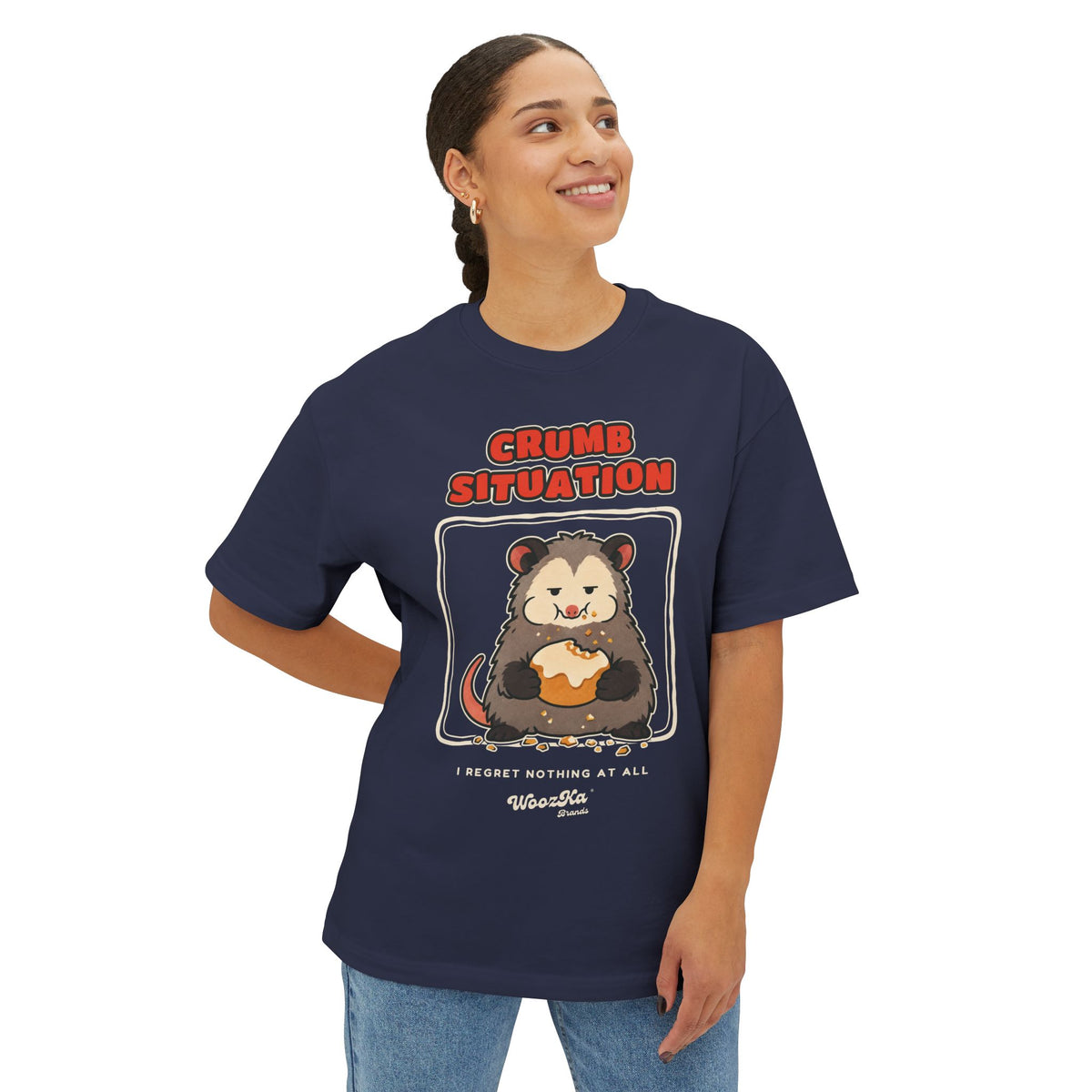 WoozKa Brands Crumb Situation Opossum Oversized Boxy T-Shirt, Front Graphic