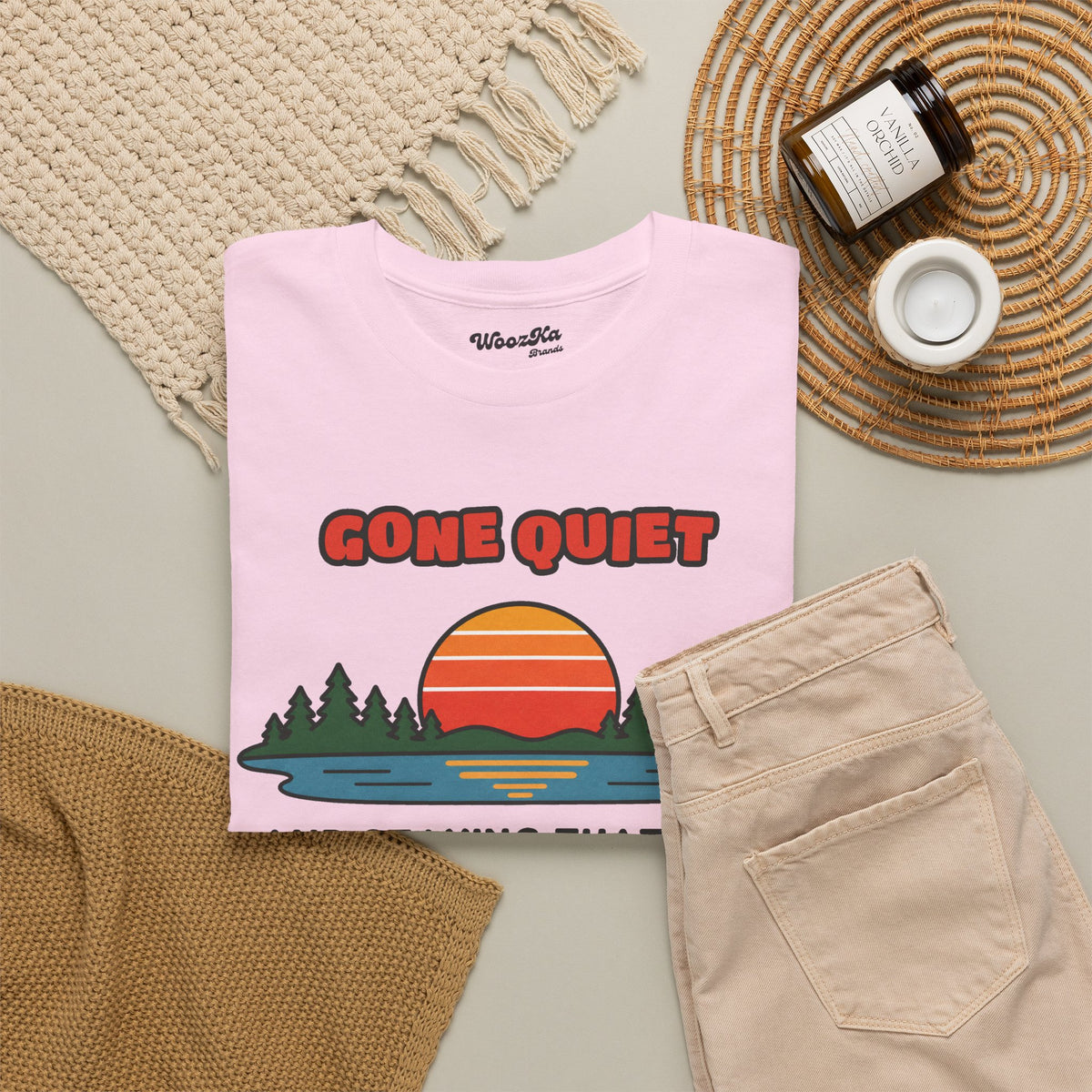 WoozKa Brands Retro Sunset Lake T-Shirt, Nature Outdoors Pine Front Print