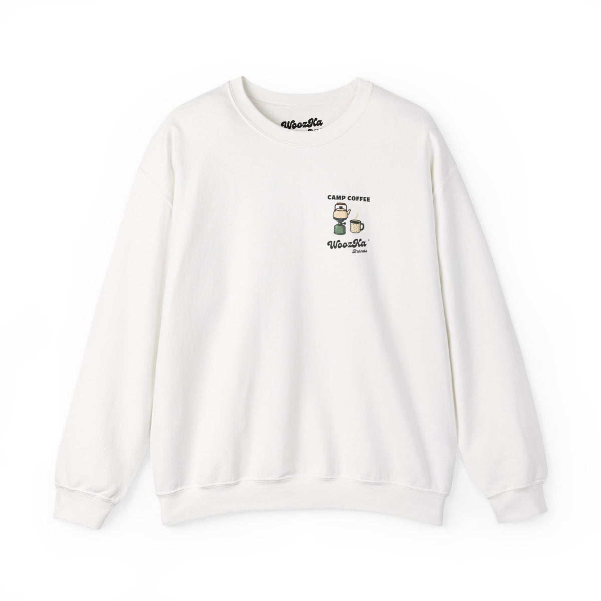WoozKa Brands Camp Coffee Camping Crewneck Sweatshirt, Two-Sided Graphic