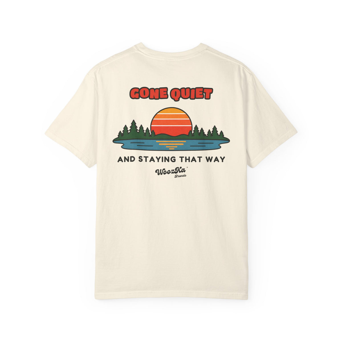 WoozKa Brands Retro Sunset Lake Heavyweight Tee, Nature Outdoors Back Print