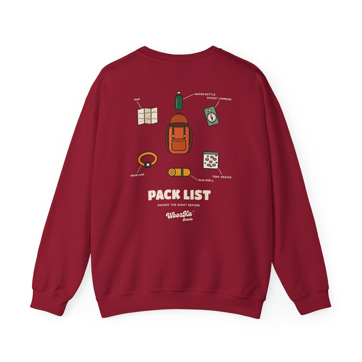 WoozKa Brands Hiking Sweatshirt, Backpacking Gear List Back Print
