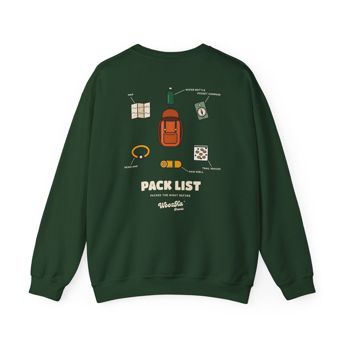 WoozKa Brands Hiking Sweatshirt, Backpacking Gear List Back Print