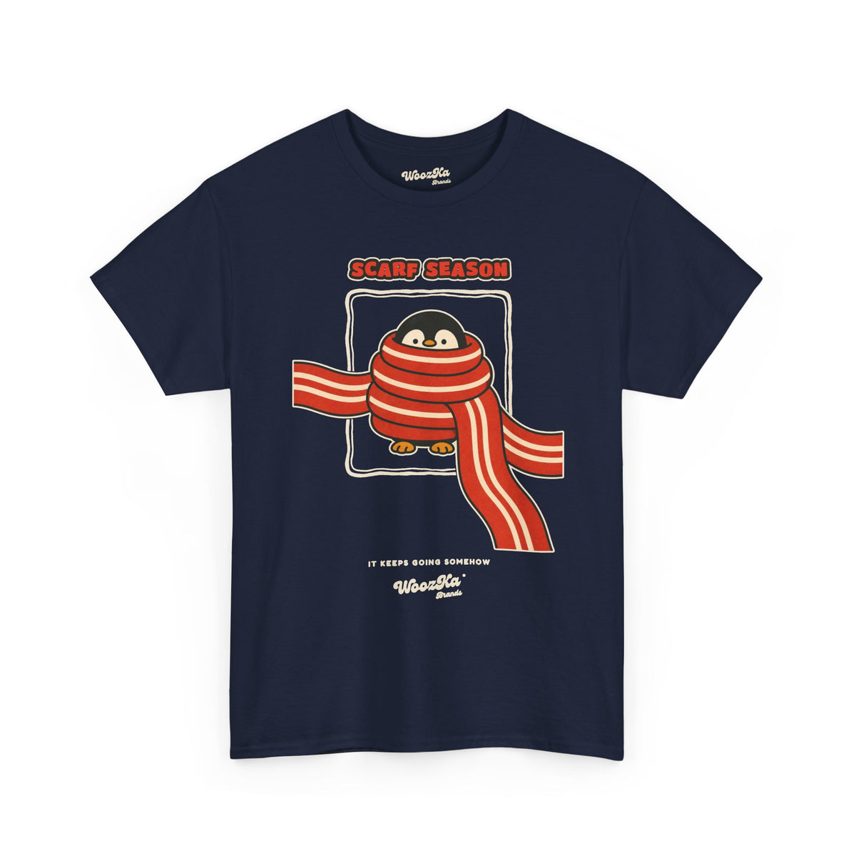WoozKa Brands Scarf Season Penguin Heavy Cotton T-Shirt, Front Graphic