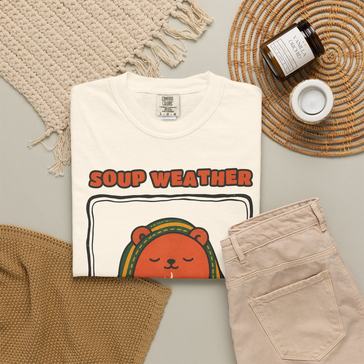 WoozKa Brands Soup Weather Bear Garment-Dyed T-Shirt, Front Graphic