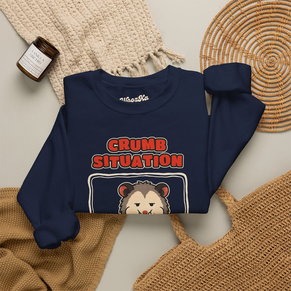 WoozKa Brands Crumb Situation Opossum Crewneck Sweatshirt, Front Graphic