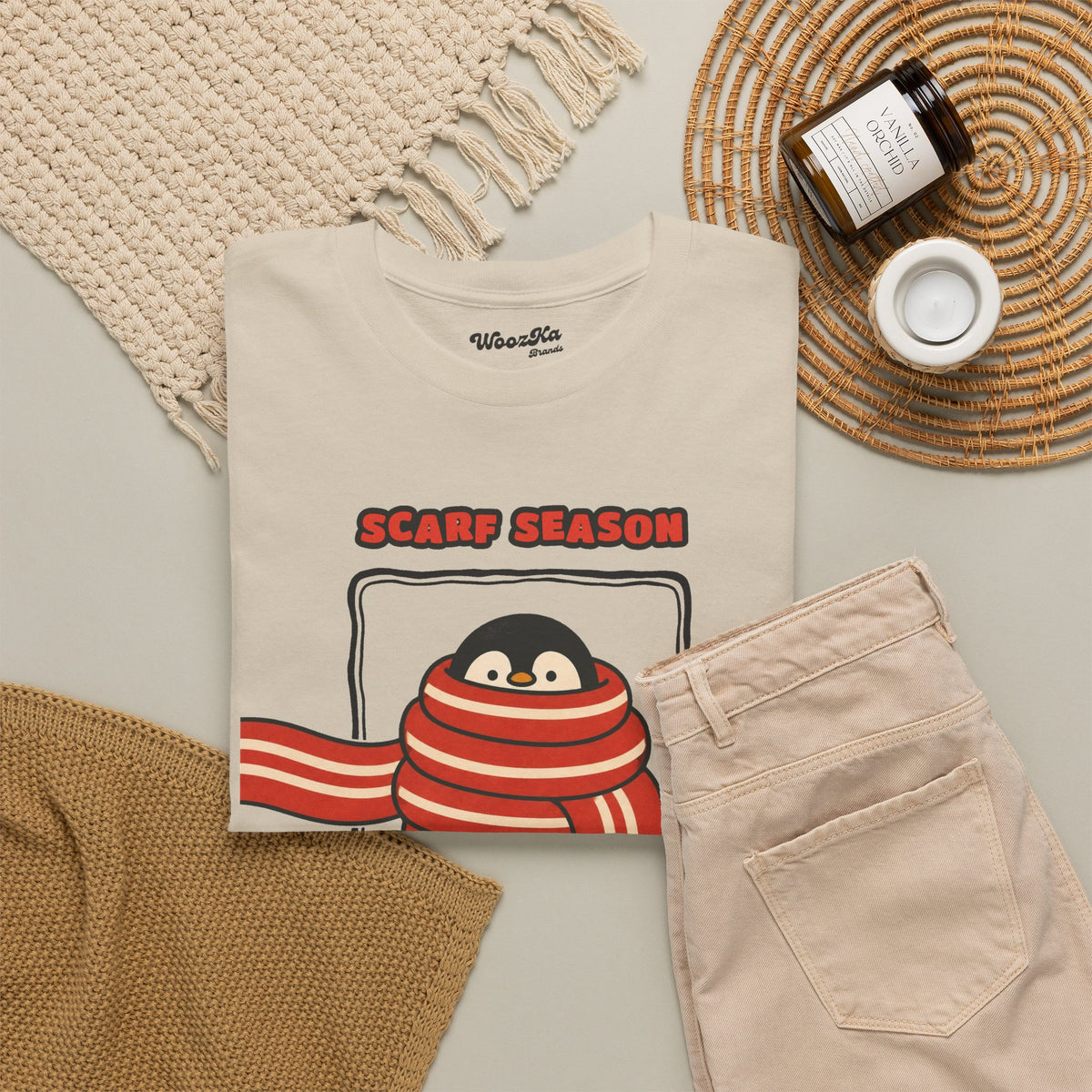 WoozKa Brands Scarf Season Penguin Heavy Cotton T-Shirt, Front Graphic