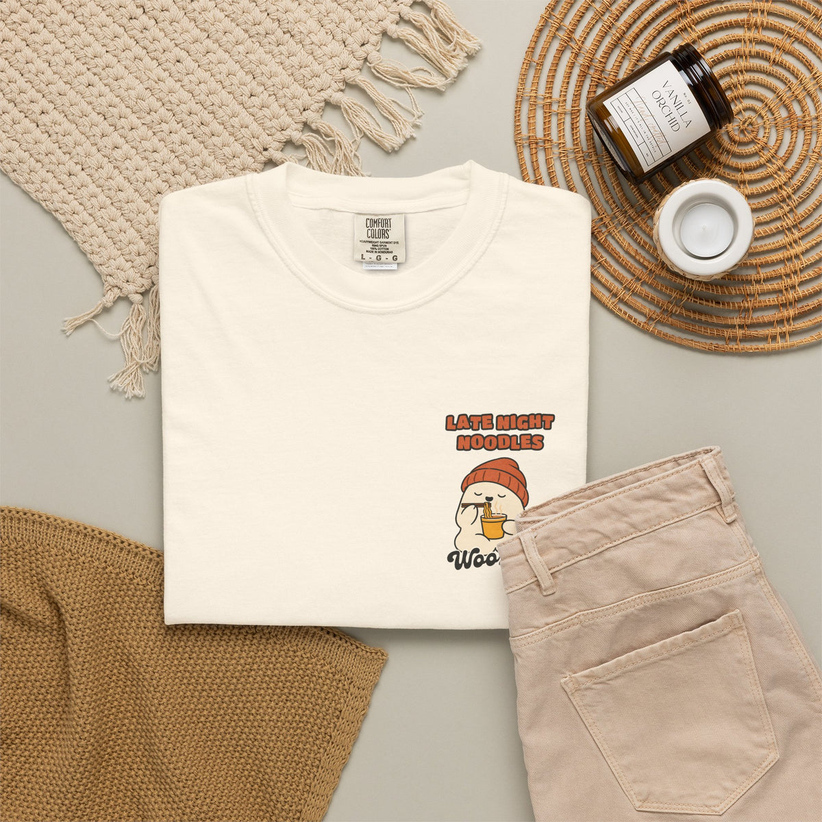 WoozKa Brands Late Night Noodles Ghost Garment-Dyed T-Shirt, Two-Sided