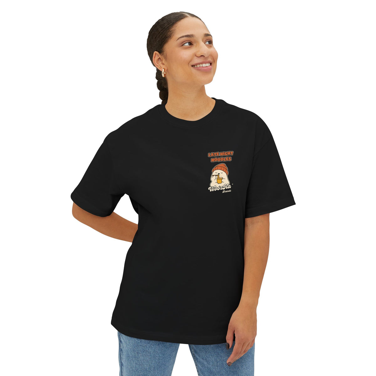 WoozKa Brands Late Night Noodles Ghost Oversized Boxy T-Shirt, Two-Sided