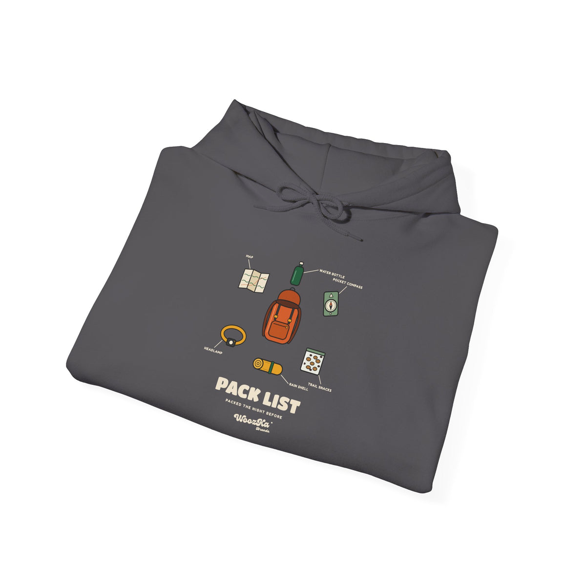 WoozKa Brands Hiking Hoodie, Backpacking Gear List Front Print