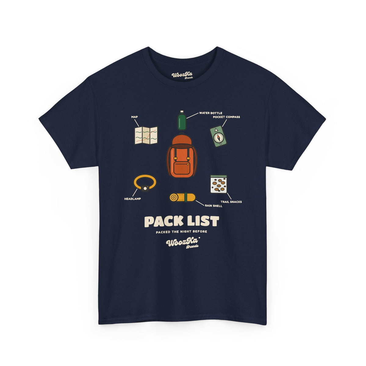 WoozKa Brands Hiking T-Shirt, Backpacking Gear List Front Print