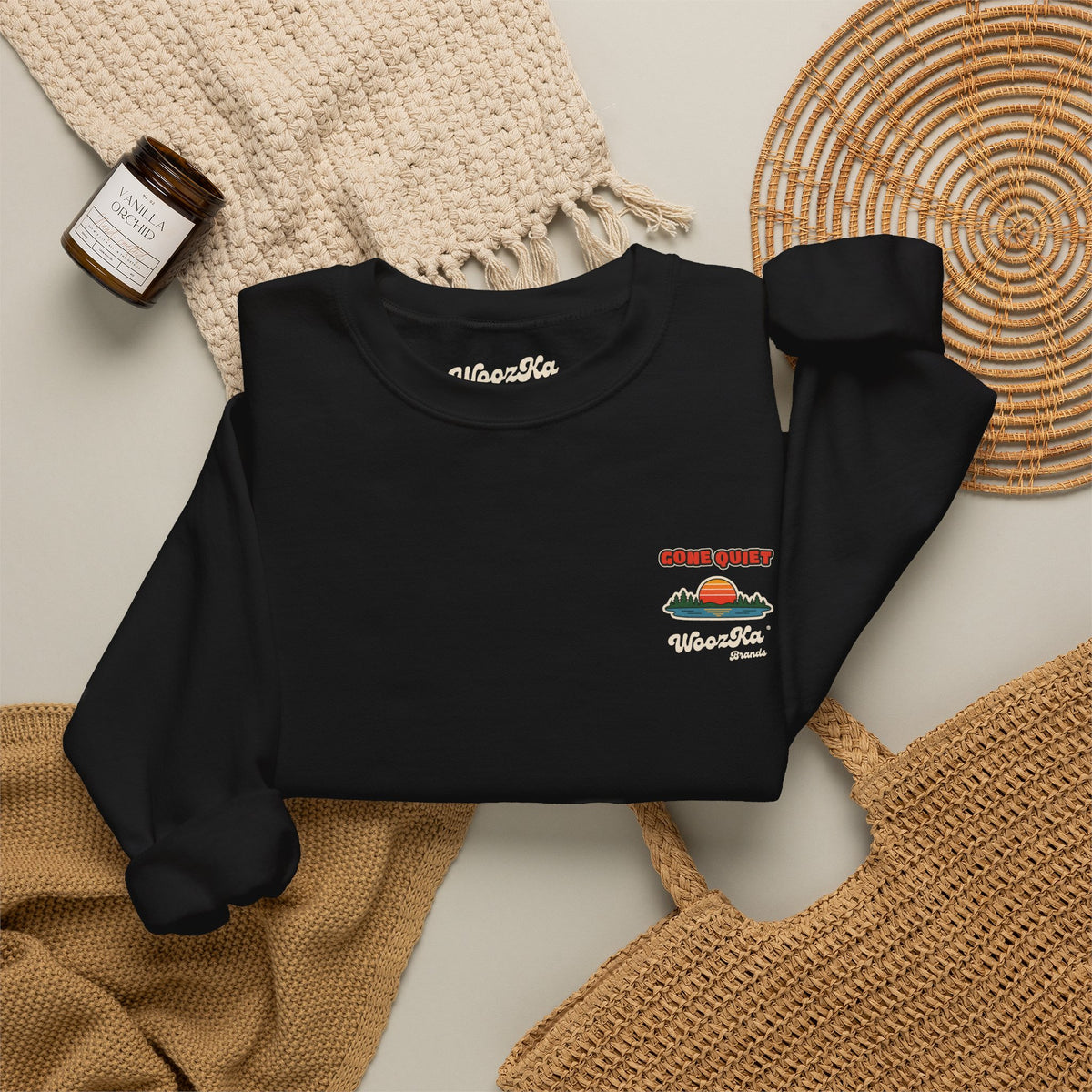 WoozKa Brands Retro Sunset Lake Sweatshirt, Nature Outdoors Pine Back Print