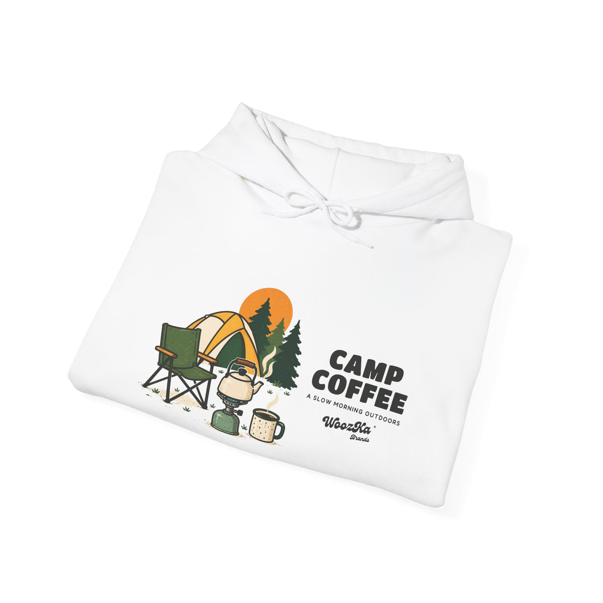 WoozKa Brands Camp Coffee Camping Hoodie, Wide Front Graphic