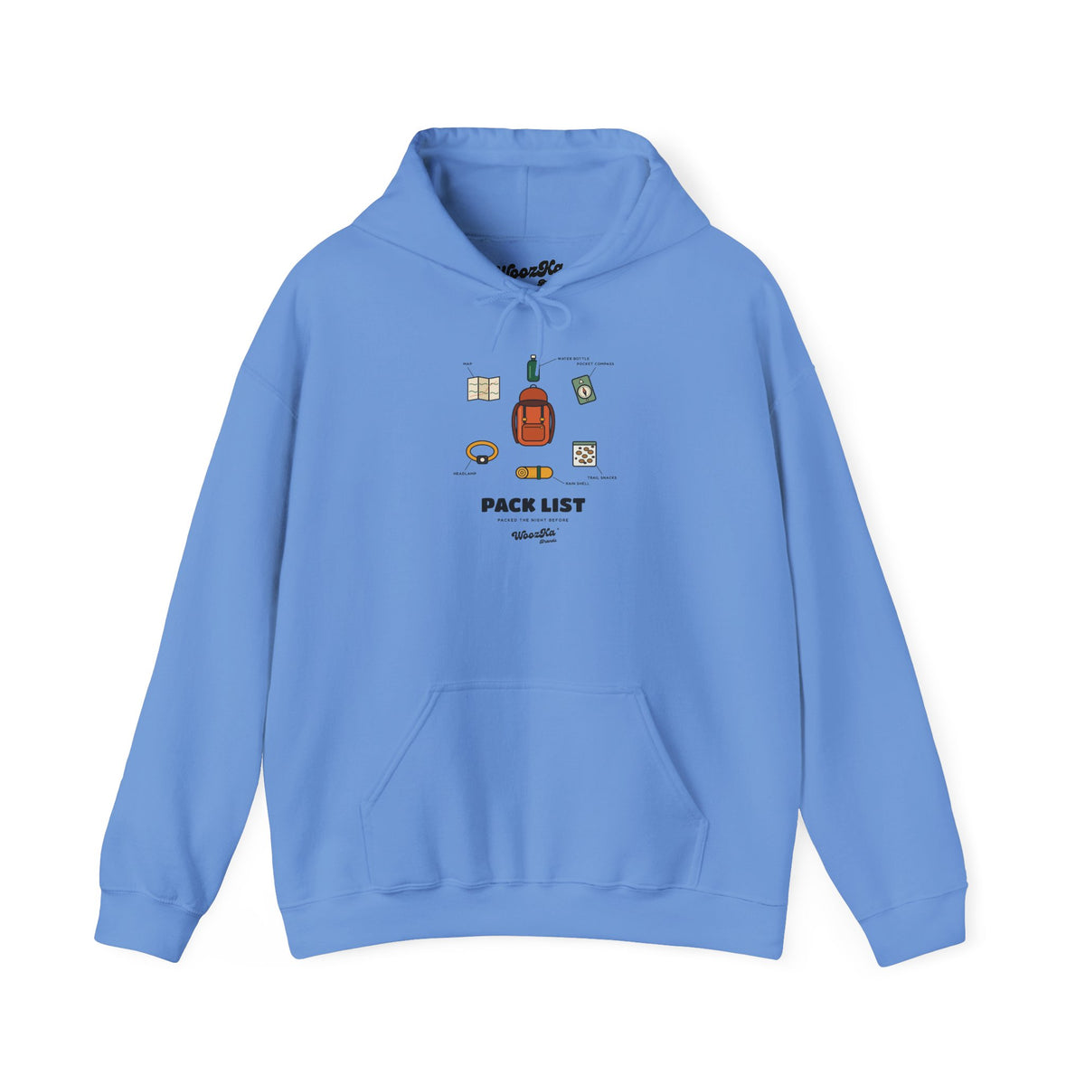 WoozKa Brands Hiking Hoodie, Backpacking Gear List Front Print