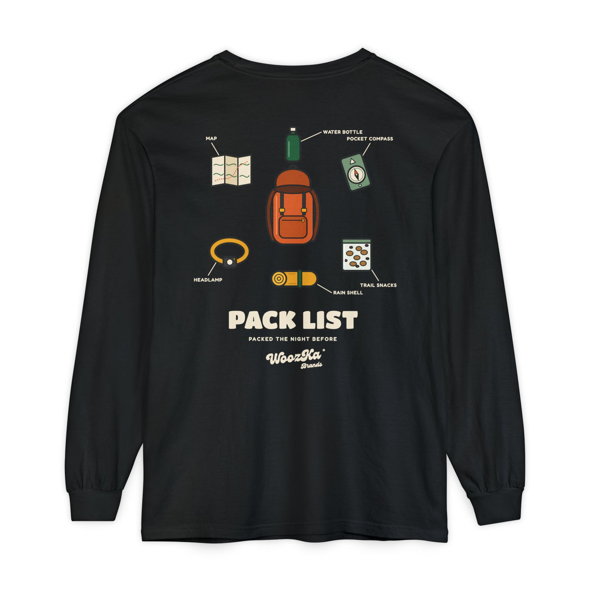 WoozKa Brands Hiking Long Sleeve Tee, Backpacking Gear List Back Print