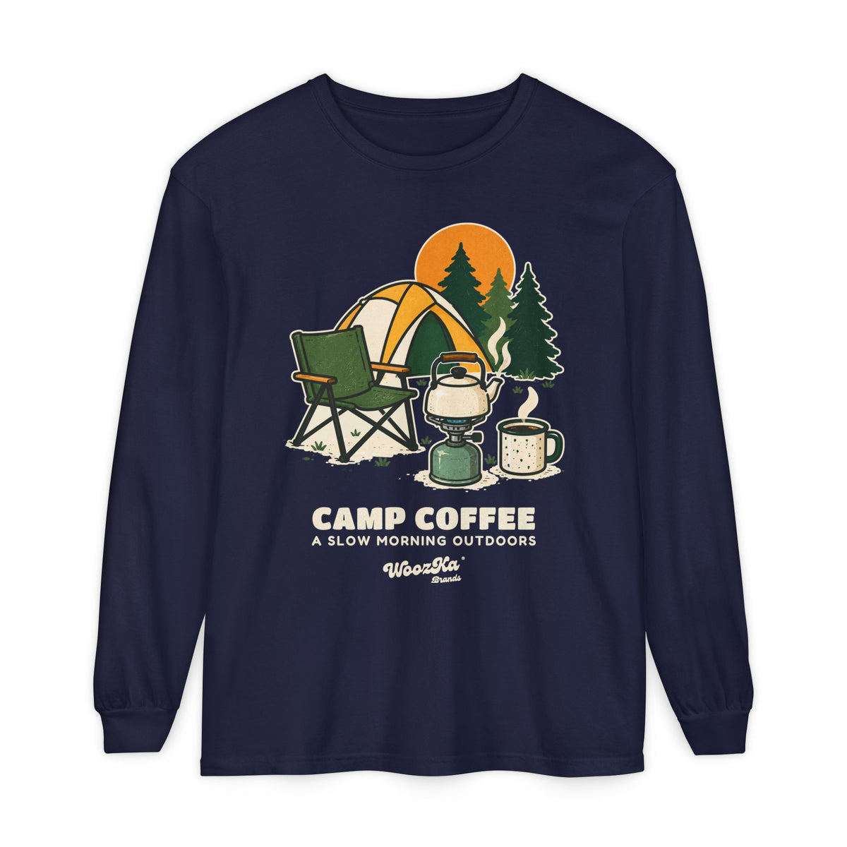WoozKa Brands Camp Coffee Camping Long Sleeve T-Shirt, Front Graphic
