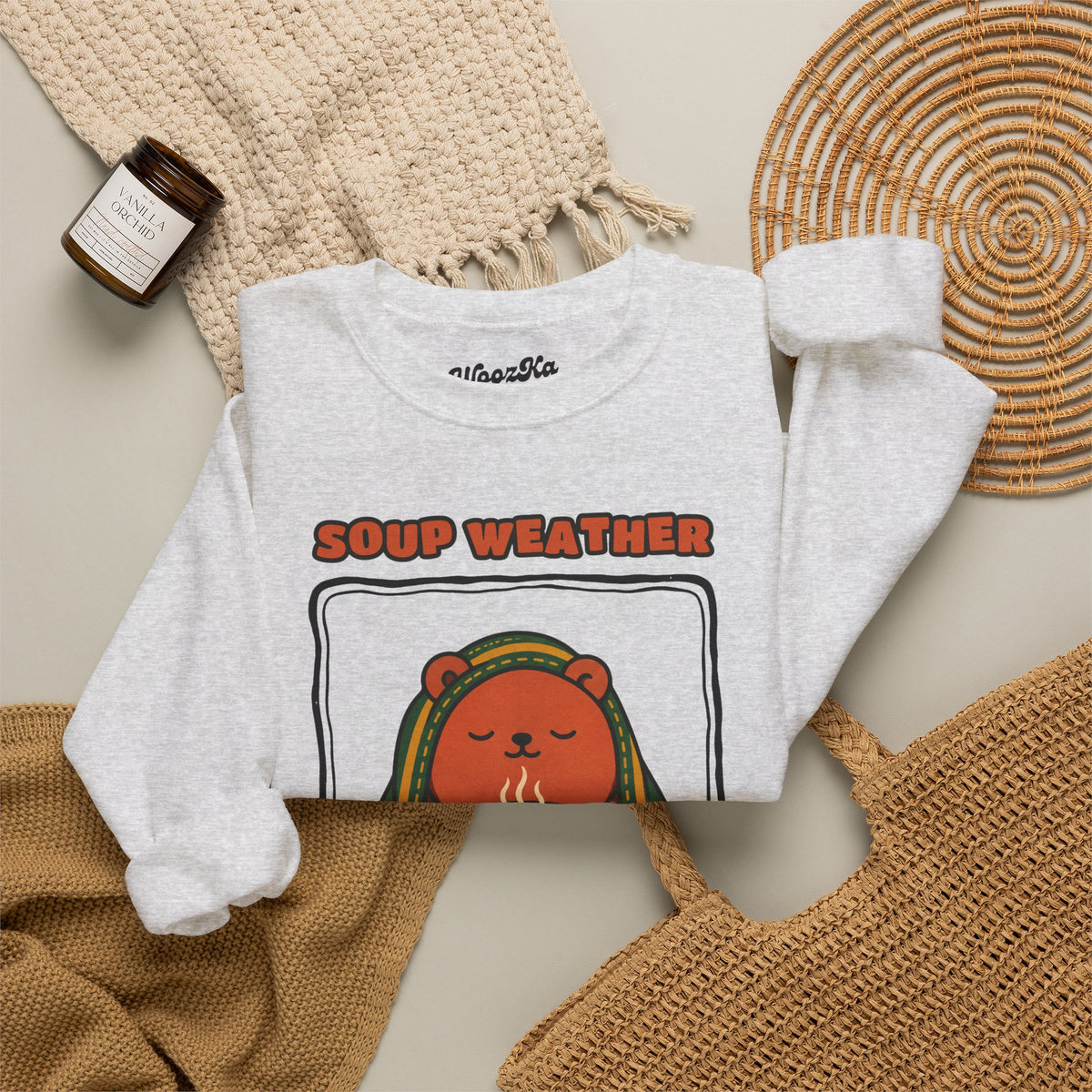 WoozKa Brands Soup Weather Bear Crewneck Sweatshirt, Front Graphic