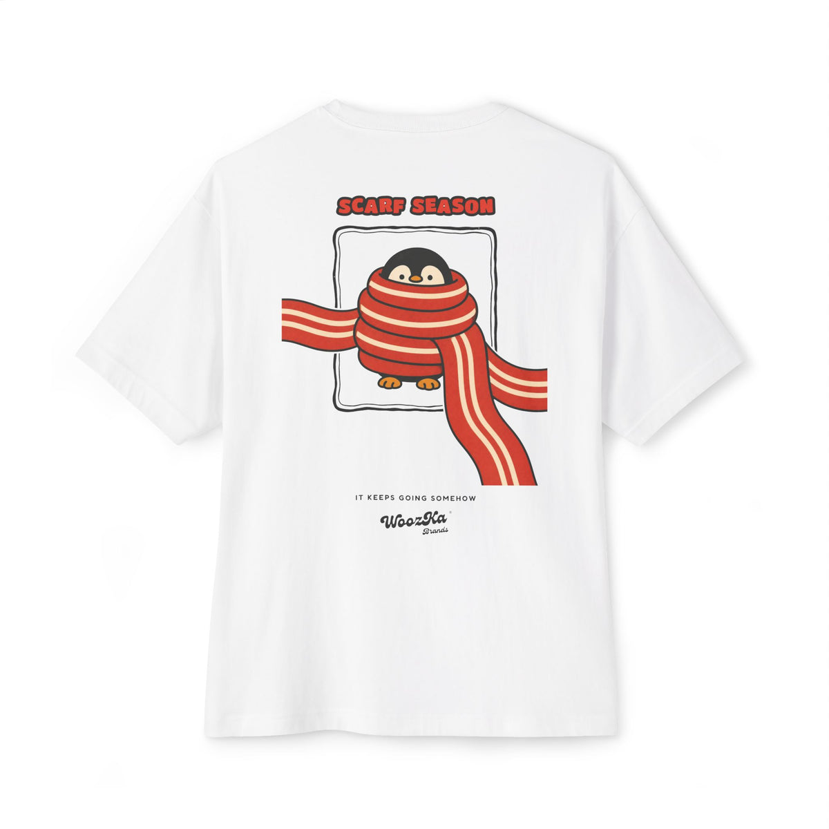 WoozKa Brands Scarf Season Penguin Oversized Boxy T-Shirt, Two-Sided