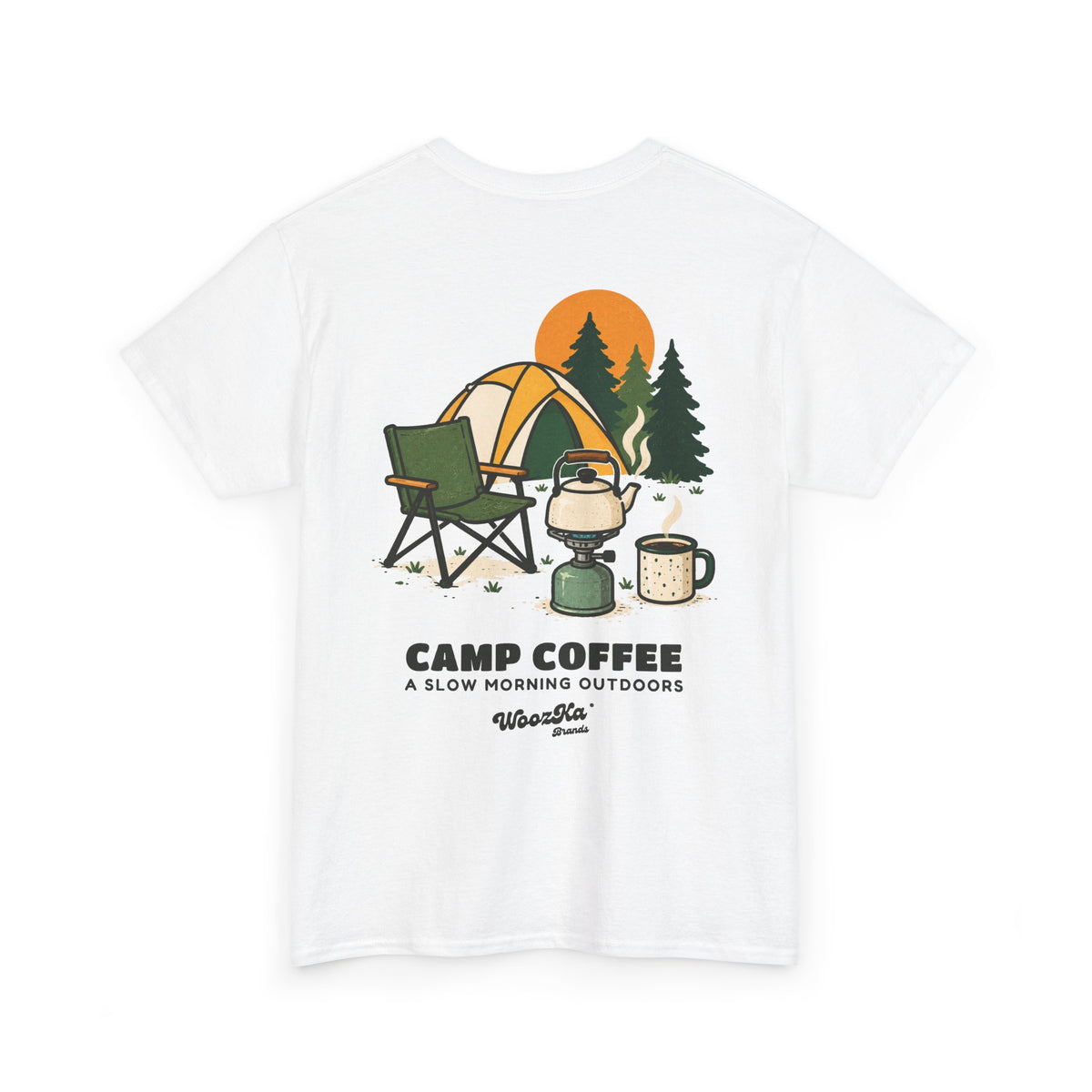 WoozKa Brands Camp Coffee Camping Heavy Cotton T-Shirt, Two-Sided Graphic