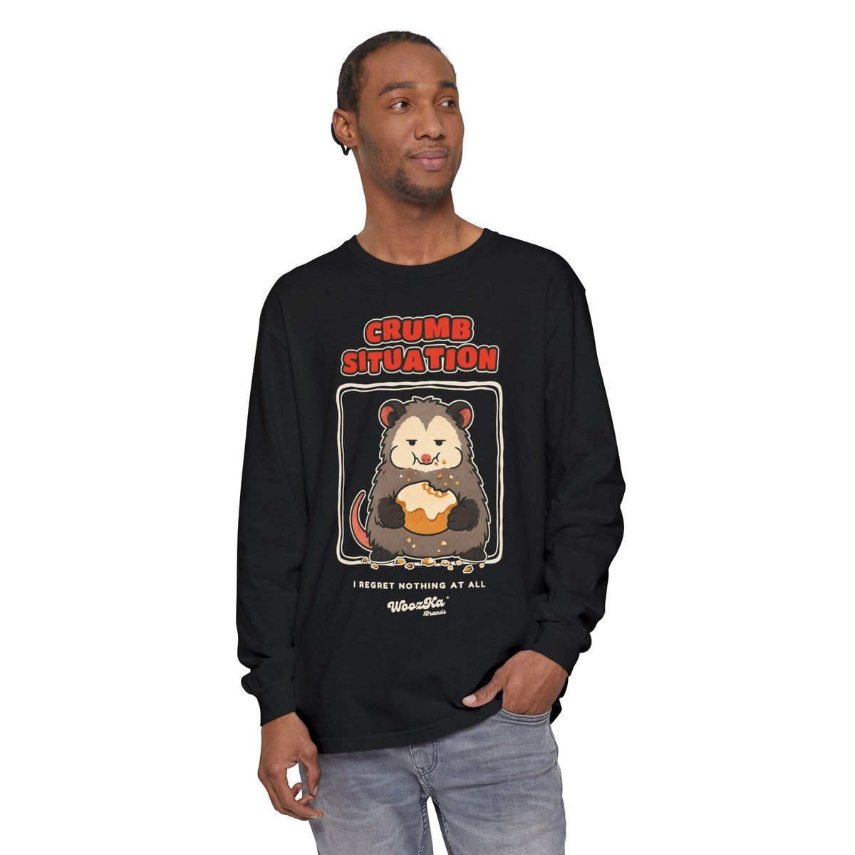 WoozKa Brands Crumb Situation Opossum Long Sleeve T-Shirt, Front Graphic