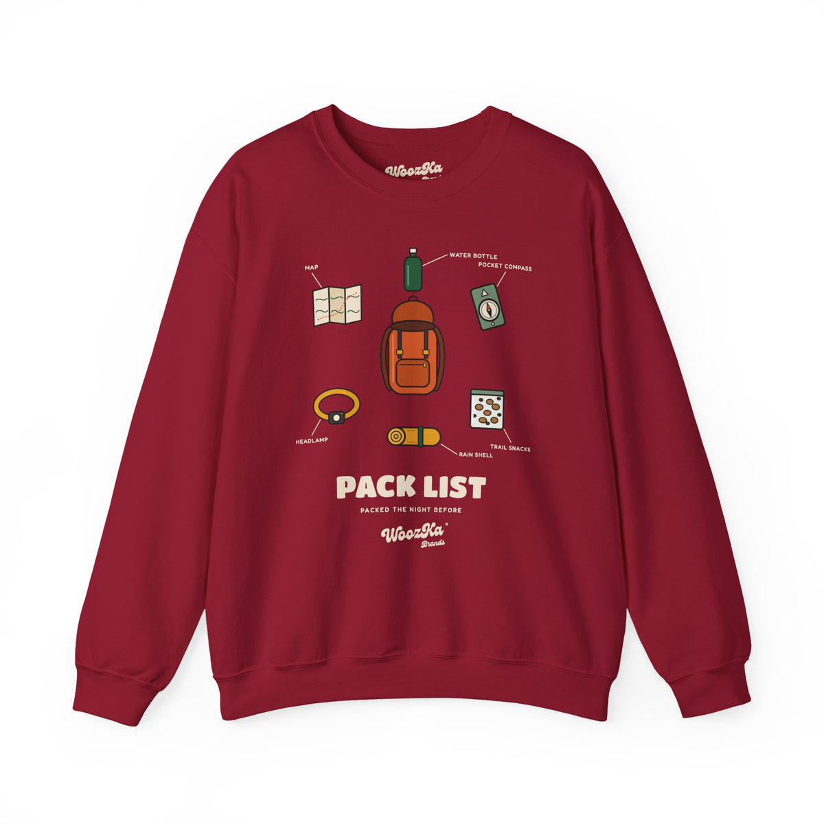 WoozKa Brands Hiking Sweatshirt, Backpacking Gear List Front Print