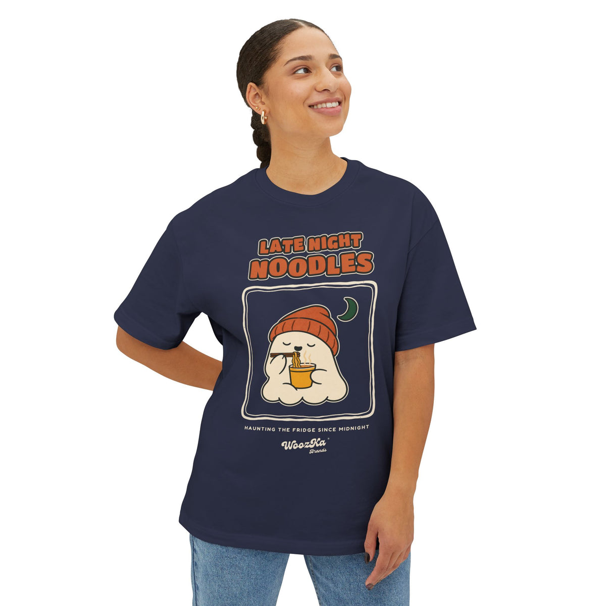 WoozKa Brands Late Night Noodles Ghost Oversized Boxy T-Shirt, Front Print