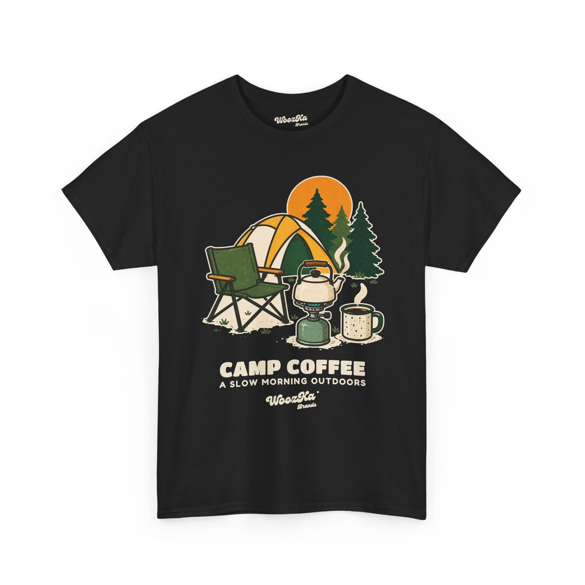 WoozKa Brands Camp Coffee Camping Heavy Cotton T-Shirt, Front Graphic