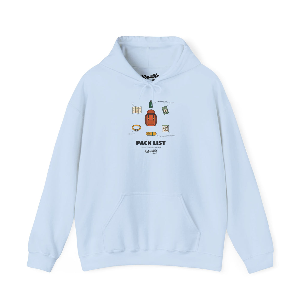 WoozKa Brands Hiking Hoodie, Backpacking Gear List Front Print