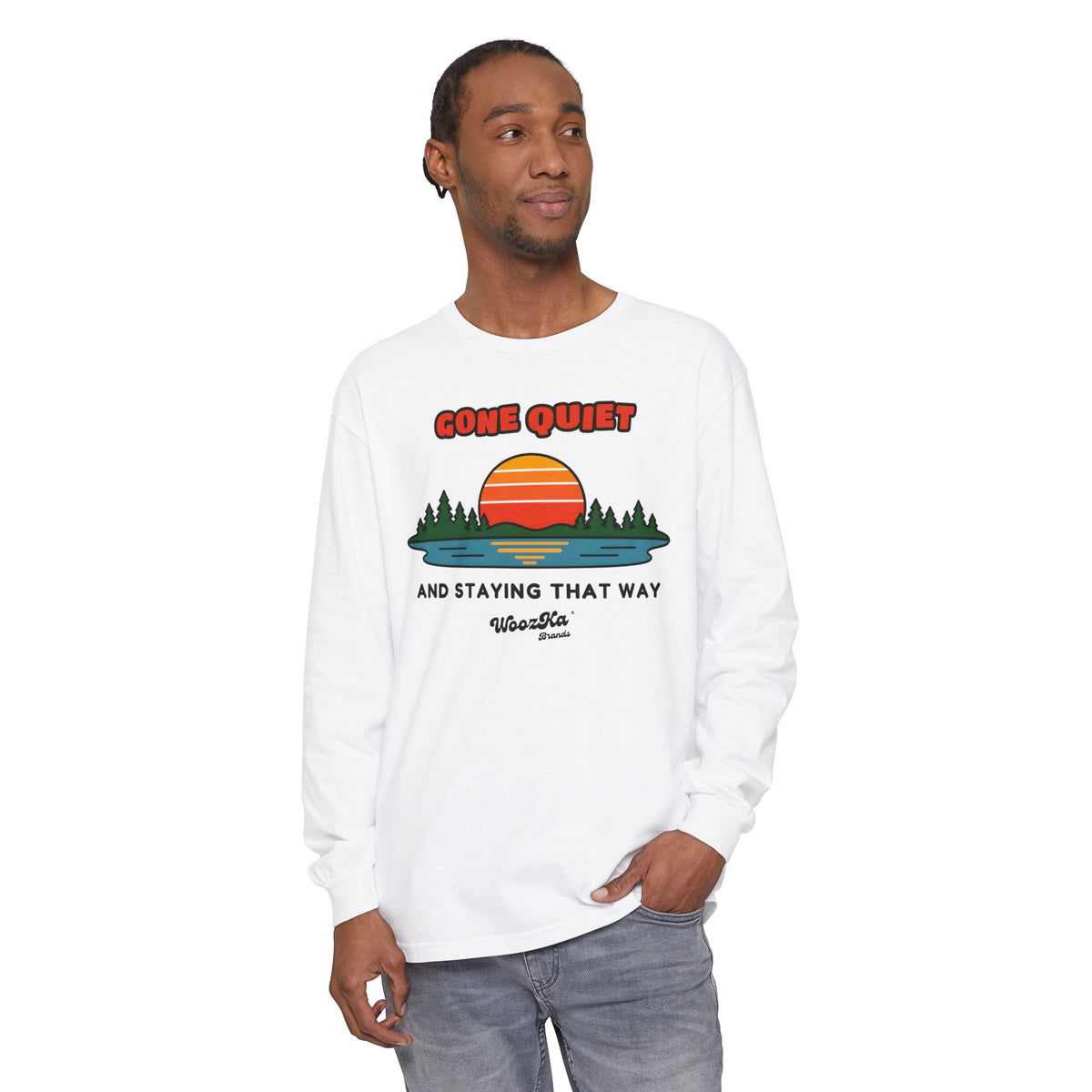 WoozKa Brands Retro Sunset Lake Long Sleeve Tee, Nature Front Print