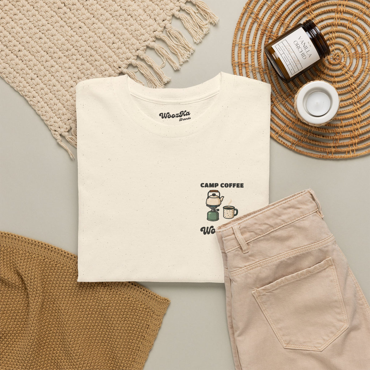 WoozKa Brands Camp Coffee Camping Heavy Cotton T-Shirt, Two-Sided Graphic