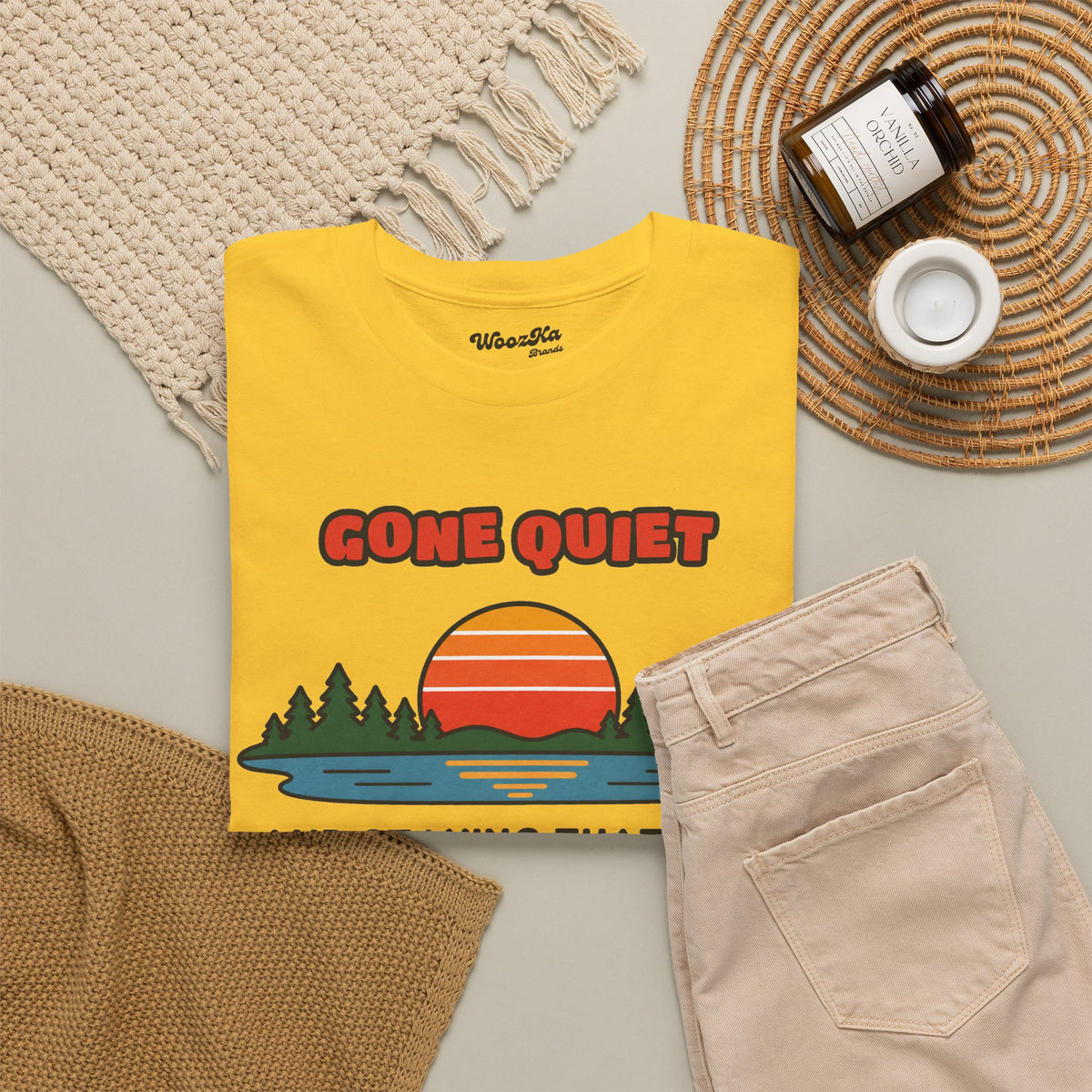WoozKa Brands Retro Sunset Lake T-Shirt, Nature Outdoors Pine Front Print