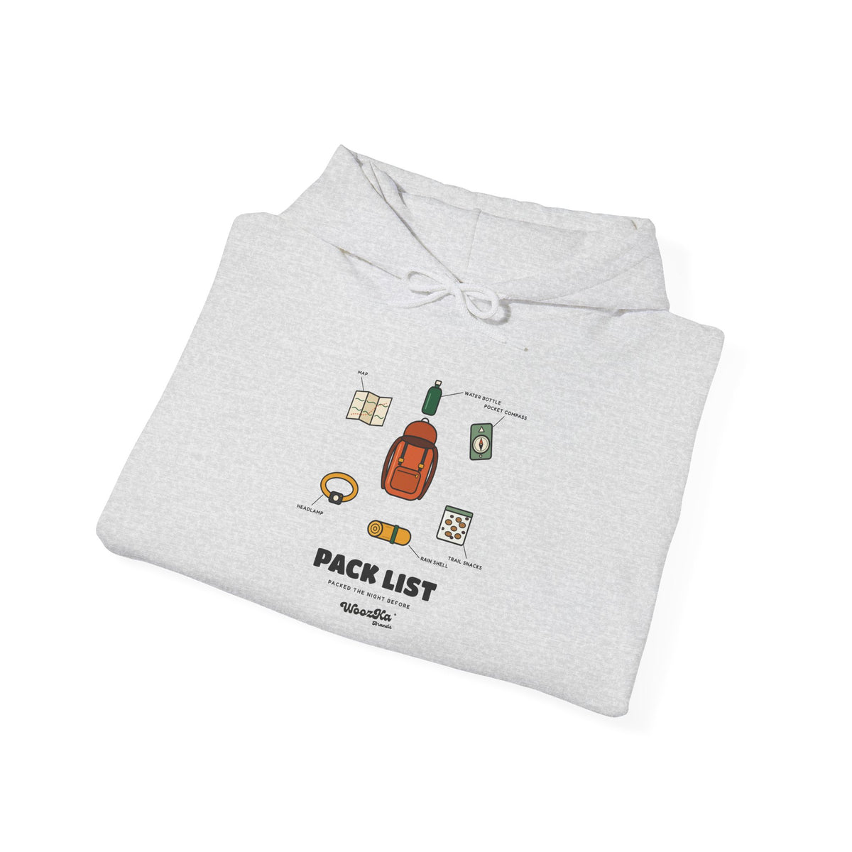 WoozKa Brands Hiking Hoodie, Backpacking Gear List Front Print