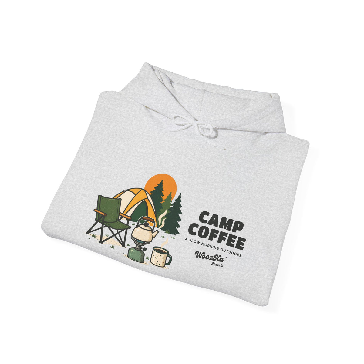 WoozKa Brands Camp Coffee Camping Hoodie, Wide Front Graphic