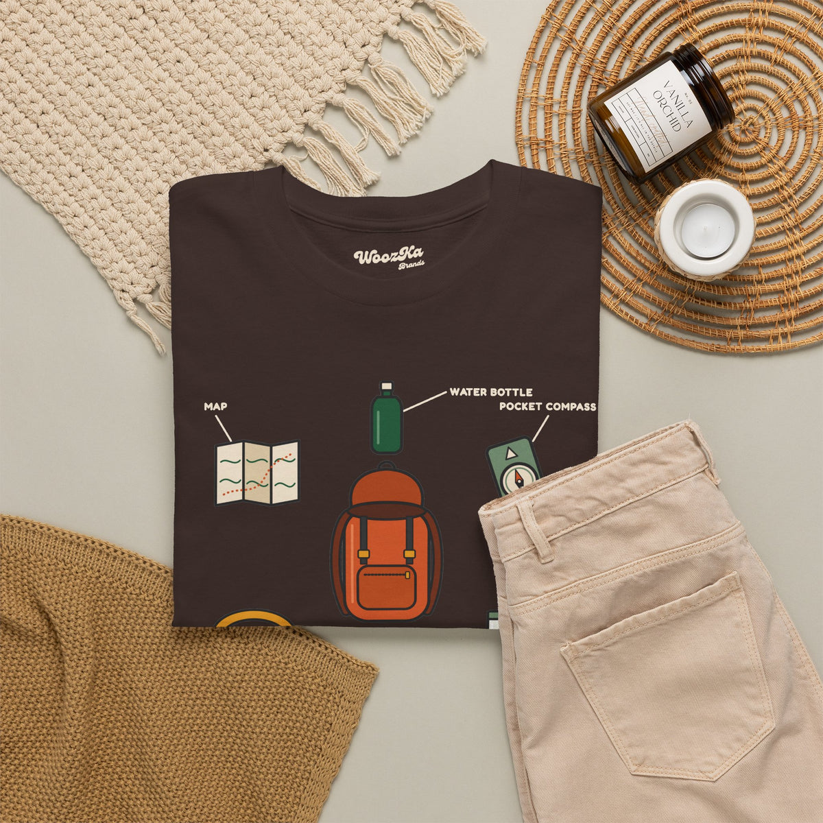 WoozKa Brands Hiking T-Shirt, Backpacking Gear List Front Print