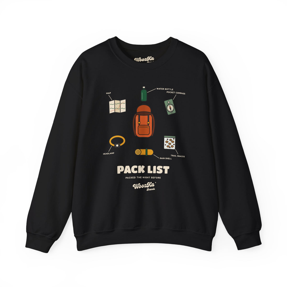 WoozKa Brands Hiking Sweatshirt, Backpacking Gear List Front Print