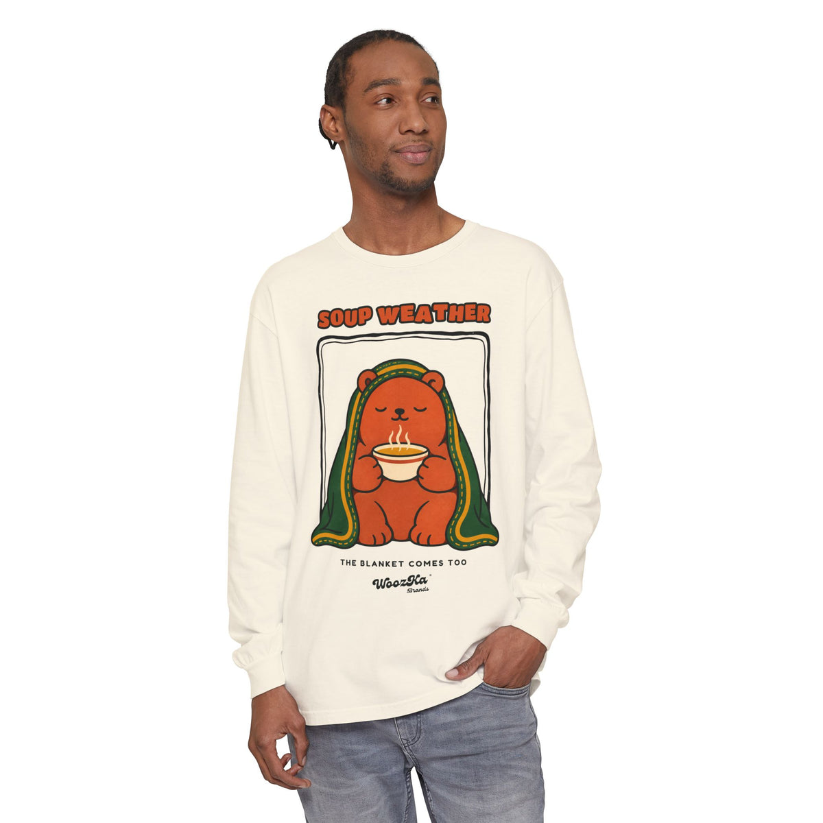 WoozKa Brands Soup Weather Bear Long Sleeve T-Shirt, Front Graphic