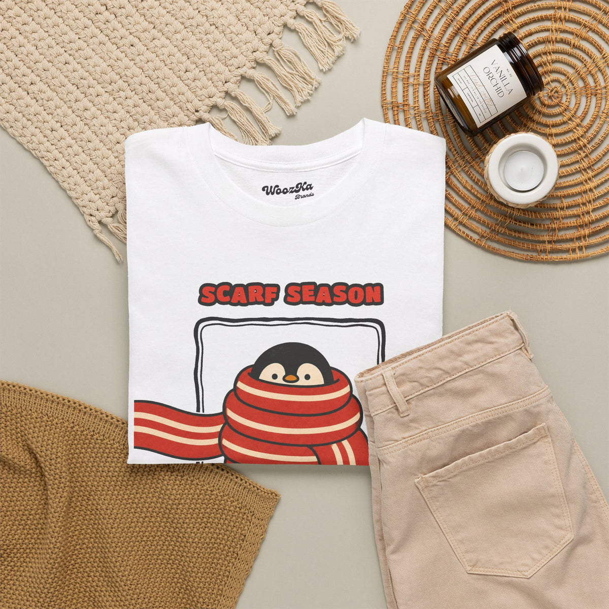 WoozKa Brands Scarf Season Penguin Heavy Cotton T-Shirt, Front Graphic