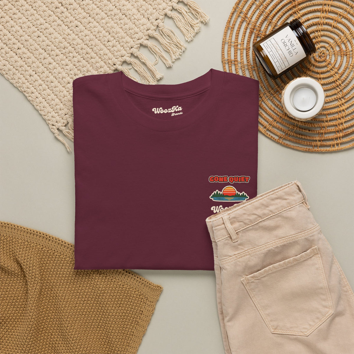 WoozKa Brands Retro Sunset Lake T-Shirt, Nature Outdoors Pine Back Print