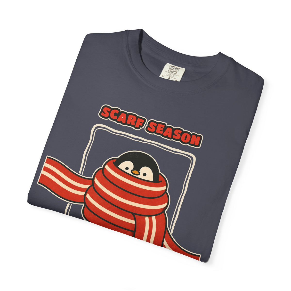 WoozKa Brands Scarf Season Penguin Garment-Dyed T-Shirt, Front Graphic